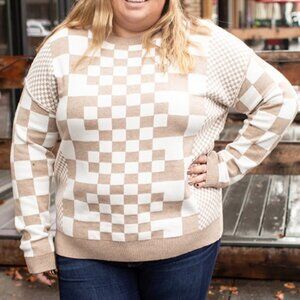 NWT Tan Multi Checkered Pullover Sweater Plus Size XL 2XL Curvy